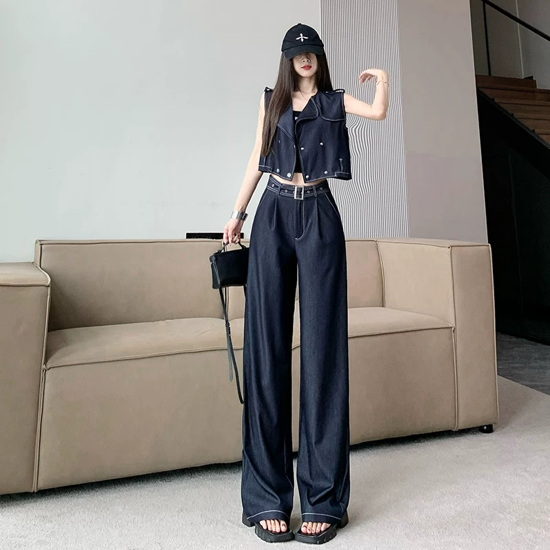 Модный джинсовый жилет, летние брюки, комплект, стиль Chanel, высокая талия