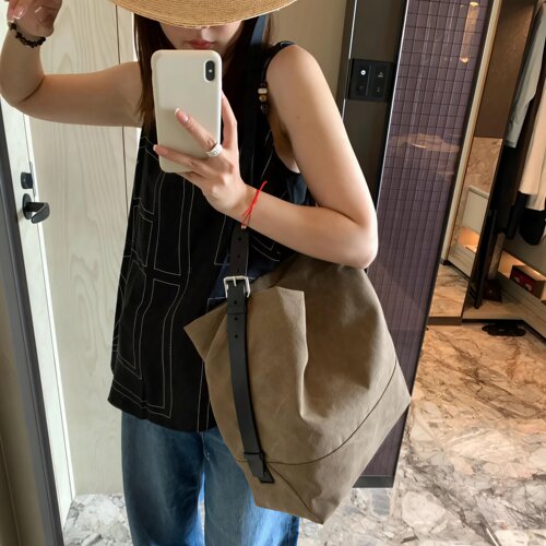 jennie同款帆布托特包女通勤单肩包松弛感大容量水桶包休闲简约风 - 图0