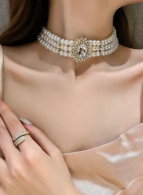 复古宴会锁骨链颈链赫本风网红个性镶钻多排珍珠项链小众遮伤疤