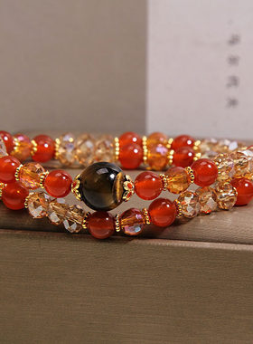 天然虎眼石红玛瑙双圈手链女复古港风轻奢小众高级感水晶叠戴手串