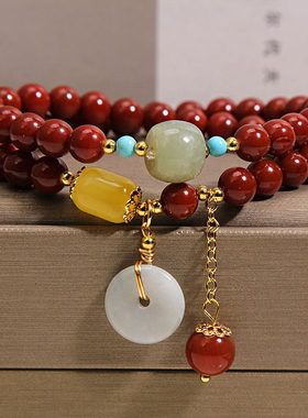 天然南红玛瑙双圈手链轻奢小众高级感翡翠平安扣吊坠国风叠戴手串