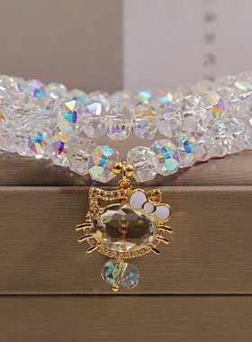 粉紫渐变水晶算盘珠双层手链女轻奢小众精致闪钻猫咪吊坠甜美手串