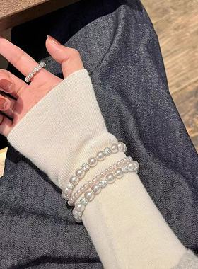 法式轻奢叠戴手串曼塔玫瑰冷调粉紫珍珠手链小众设计感精致手饰女