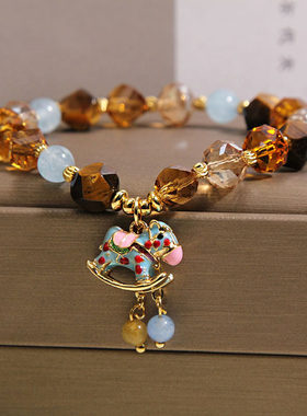 美拉德虎眼石海蓝宝串珠手链新中式蓝色小马吊坠复古小众百搭手串