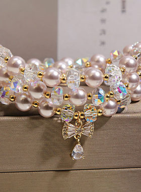 法式曼塔玫瑰珍珠水晶多层手链女款轻奢小众高级感蝴蝶结吊坠手串