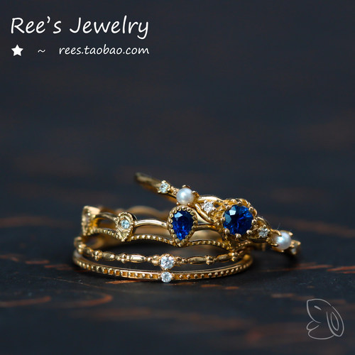 Ree。蓝丝绒 天然蓝宝石珍珠18k黄金vitage古典戒指 指环 - 图1