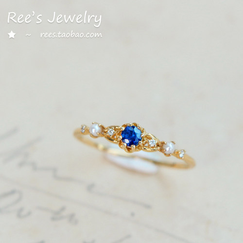 Ree。蓝丝绒 天然蓝宝石珍珠18k黄金vitage古典戒指 指环 - 图3