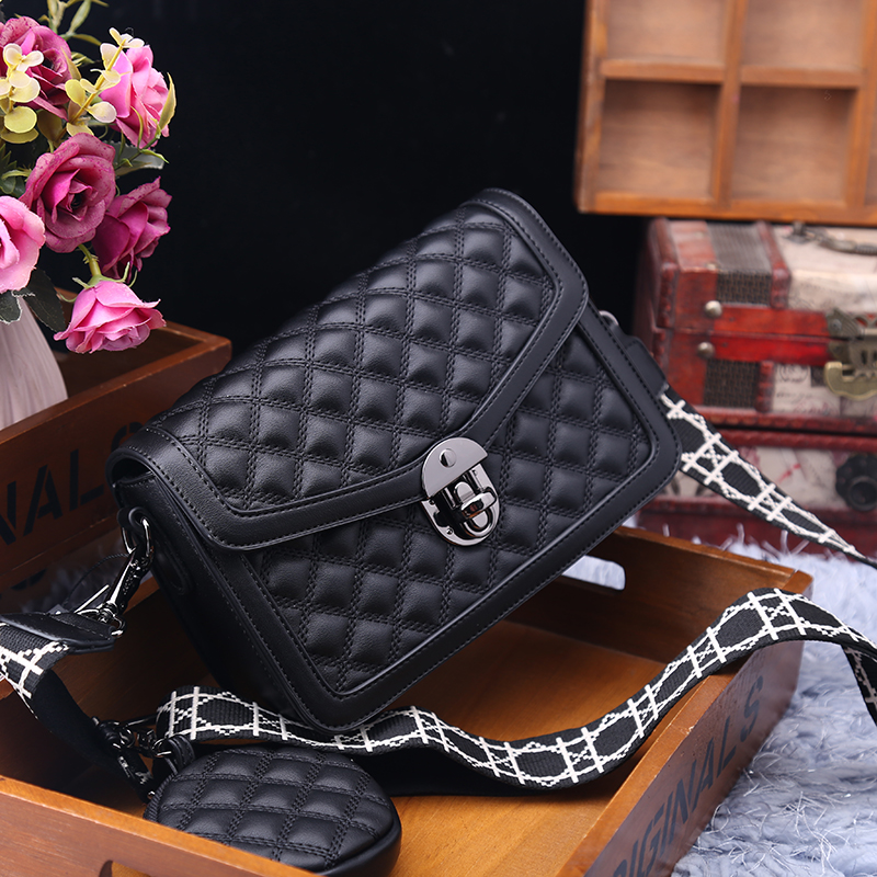 小方包女2025新款欧乐诗正品女包时尚菱格真皮宽肩带单肩斜挎小包 - 图2