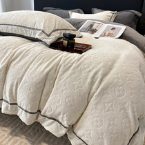 Light extravagant high-end carved flower suede thickened bed with four sets of winter milk baby suede beds flannel bed linen