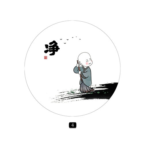 新中式圆形禅意小和尚装饰画心入户玄关书房茶室餐厅民宿挂画贴画 - 图1