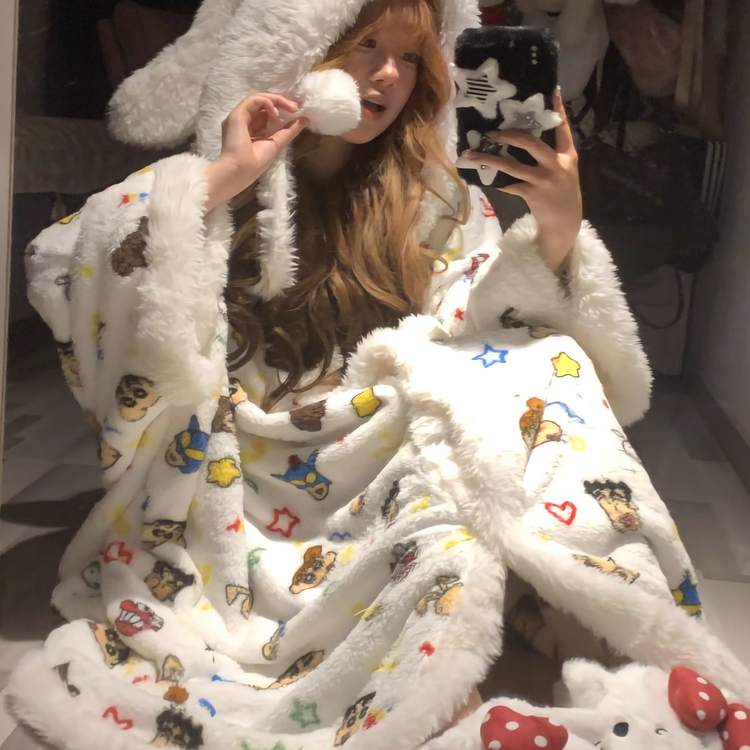 加厚!2025新款蜡笔小新连帽珊瑚绒睡袍女冬加绒睡衣法兰绒家居服