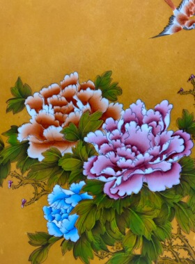 刘雨岑作品红木镶瓷板画粉彩花鸟锦堂富贵中堂手绘陶瓷装饰画