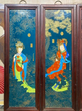 郎世宁作品红木镶瓷板画珐琅掐丝四大美女四条挂屏名家纯手绘瓷画