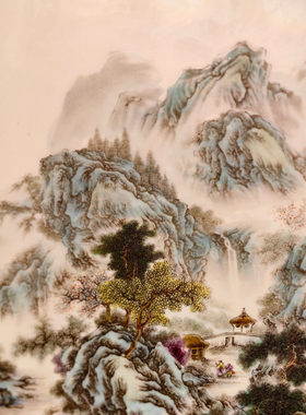 张志汤作品红木镶瓷板画粉彩山水溪山烟泉挂屏高端陶瓷装饰画