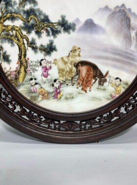 毕渊明作品鸡翅木镶瓷板画粉彩花鸟三阳开泰挂屏手绘陶瓷装饰画