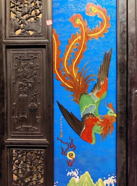 郎世宁作品红木镶瓷板画珐琅掐丝龙凤呈祥三折落地屏风纯手绘瓷画