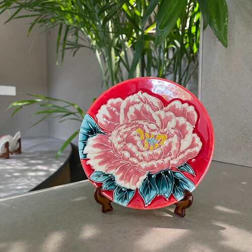 三彩艺《牡丹四魁》陶瓷迷你摆盘桌面客厅办公室商务洛阳特色礼物 - 图0