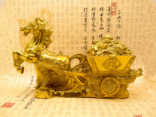 全铜马拉元宝摆件铜马车马拉车聚宝盆马上发财工艺品家居办公装饰 - 图2