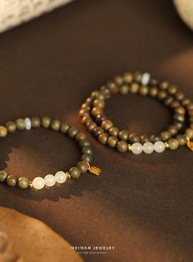 『檀望晴』天然绿檀手链女和田玉银手串小众新中式古风礼物