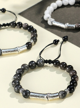 黑闪石火焰石串珠竹节情侣手链女个性风潮雪花石银曜石手串