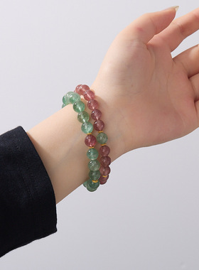绿野莓棕草莓晶手串简约绿色水晶手链本命年招桃花送闺蜜女友礼物
