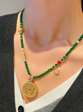 锦鲤平安新中式高级感轻奢气质毛衣链八宝罗盘古法沙金绿玉髓项链