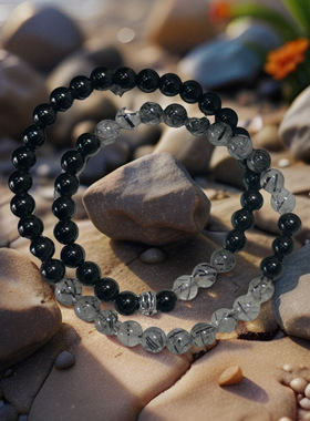 【小珠子】双层手串珠黑色系手链天然黑曜石黑发晶手链女男情侣礼