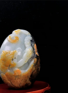 新疆和田玉籽料青花伏虎罗汉手把件天然玉石黑白分明皮色苏工巧雕