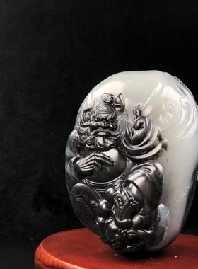 新疆和田玉青花籽料钟馗捉鬼手把件天然玉石苏工雕刻把玩件