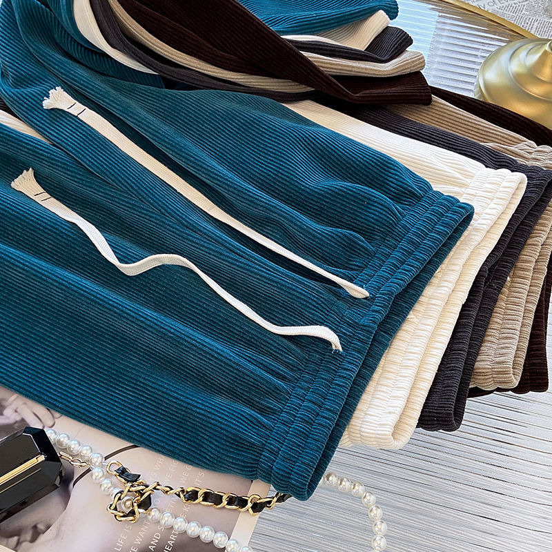 孔雀蓝阔腿裤女秋冬胖MM大码新款高腰垂感直筒休闲加绒加厚条绒裤 - 图0