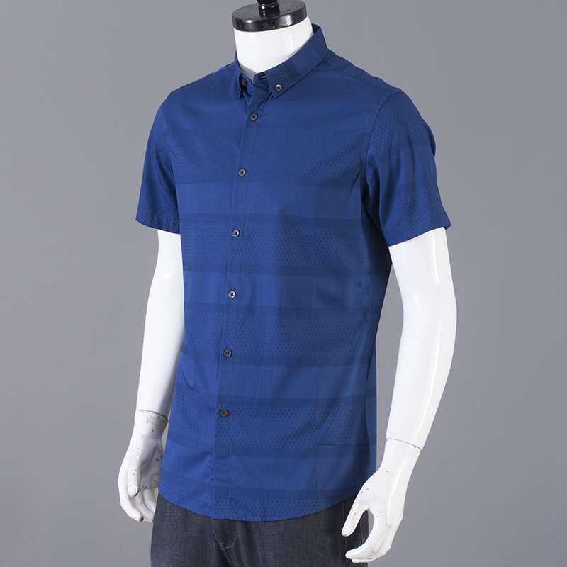 衬衫男短袖衬衣夏季潮流个性撞色暗纹寸衫复古翻领体恤上衣服男装 - 图0