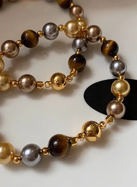 法式复古虎眼石珍珠串珠磁吸手链美拉德时尚手环轻奢高级感手饰女