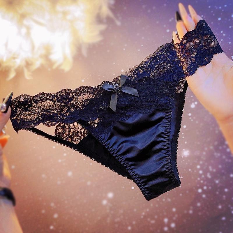 2025时尚新款法式轻奢缎面蕾丝女士内裤性感火辣镂空弹力网纱 - 图0