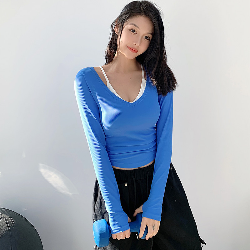 annerun紧身瑜伽T恤女上衣女带胸垫假两件跑步运动长袖缩褶健身服,淘宝优惠券,粉丝福利购,淘宝优惠卷