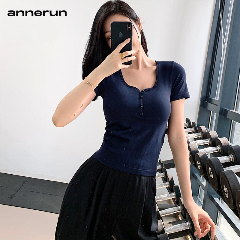 annerun复古运动短袖女正肩健身速干T恤带胸垫辣妹修身瑜伽服上衣,淘宝优惠券,粉丝福利购,淘宝优惠卷
