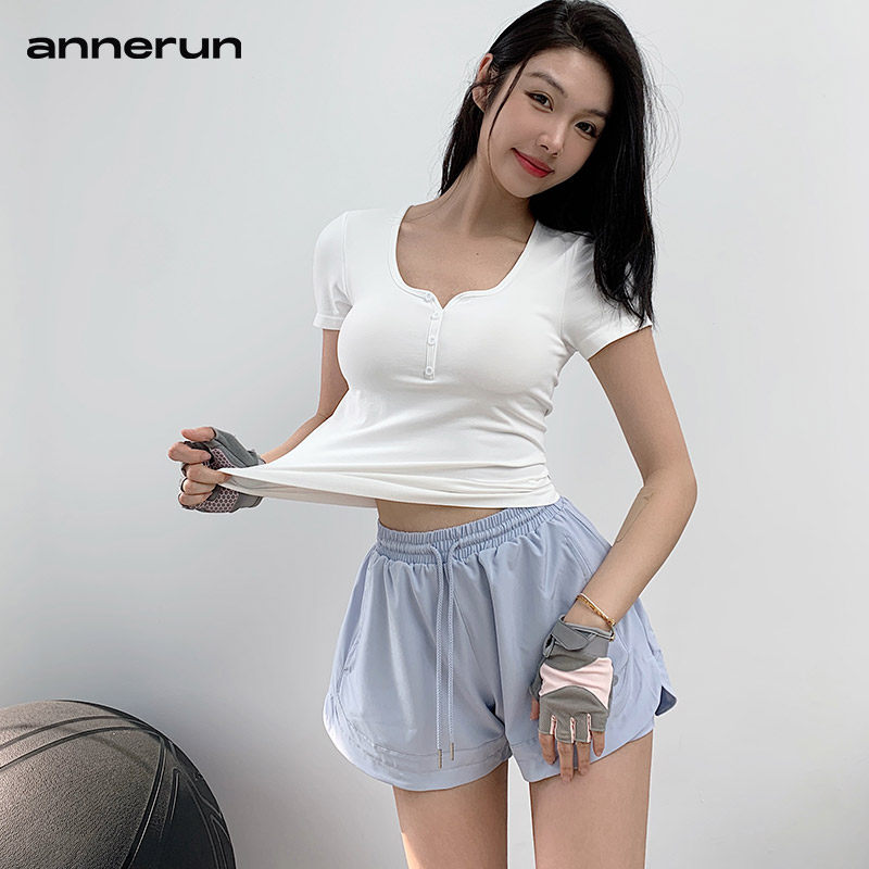 annerun复古运动短袖女正肩健身速干T恤带胸垫辣妹修身瑜伽服上衣,淘宝优惠券,粉丝福利购,淘宝优惠卷
