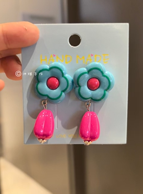 沐琪原创彩色多巴胺花朵水滴耳环夸张小众独特耳钉高级感无洞耳夹
