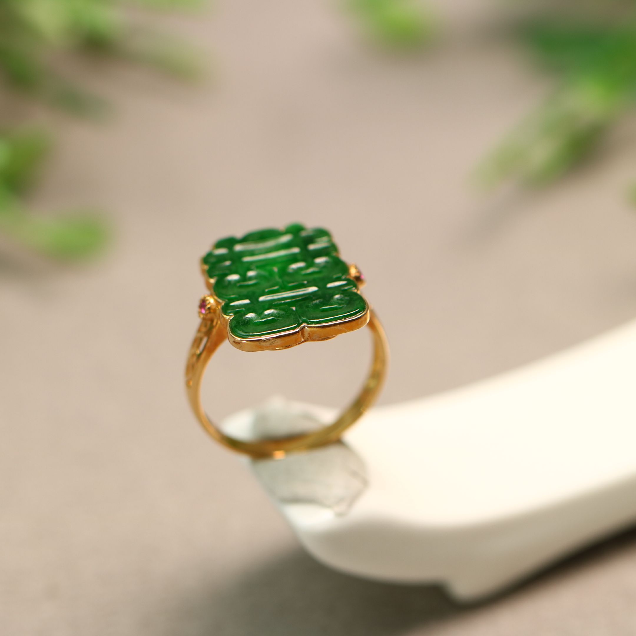 Natural Grade A Jadeite Hollow Happy Word Ring