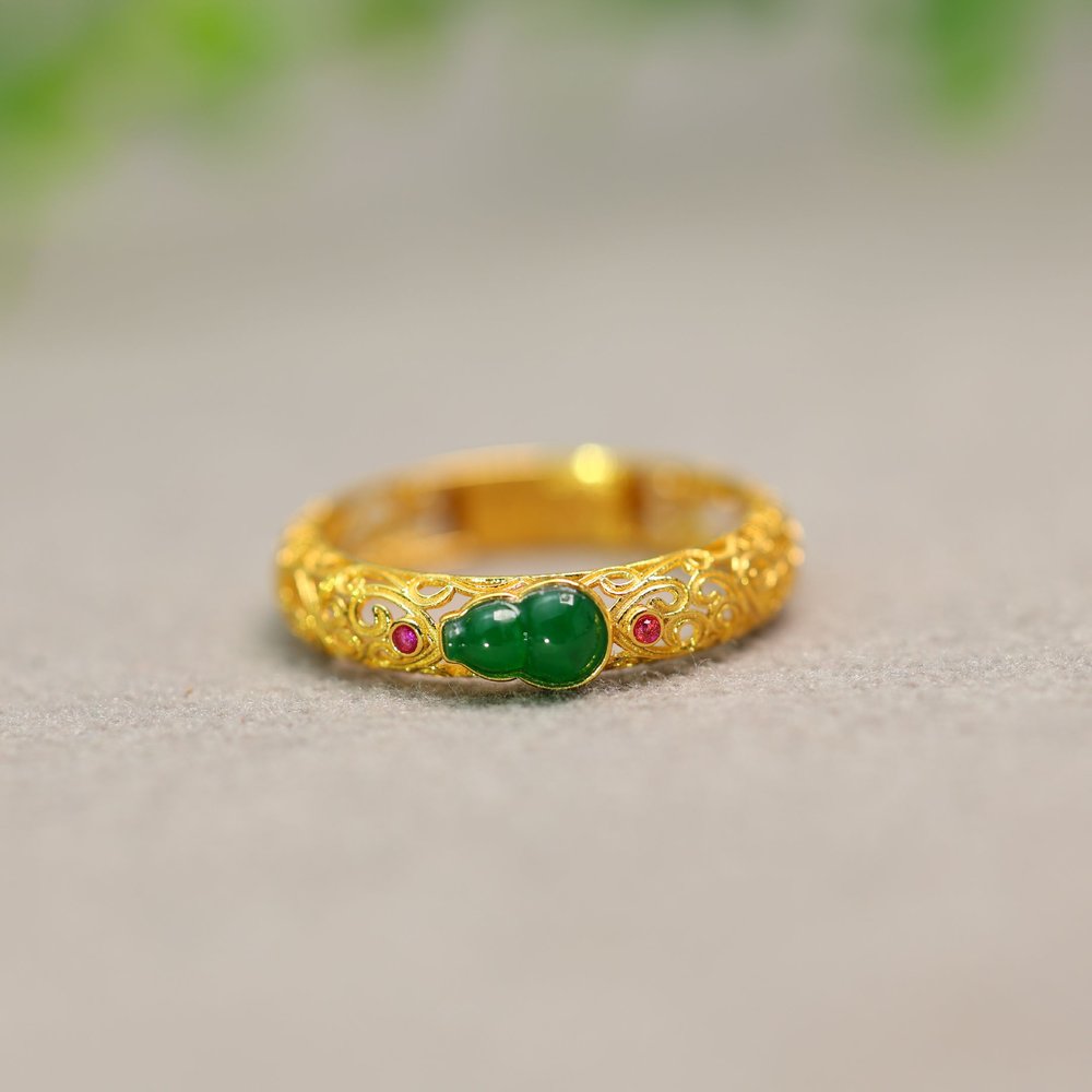 Spicy Green Burmese Natural Grade A Jade Gourd Ring