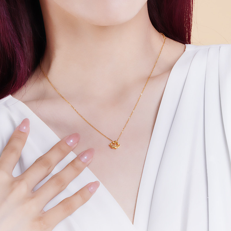 老庙黄金18k金项链皇冠套链吊坠 老庙颈饰