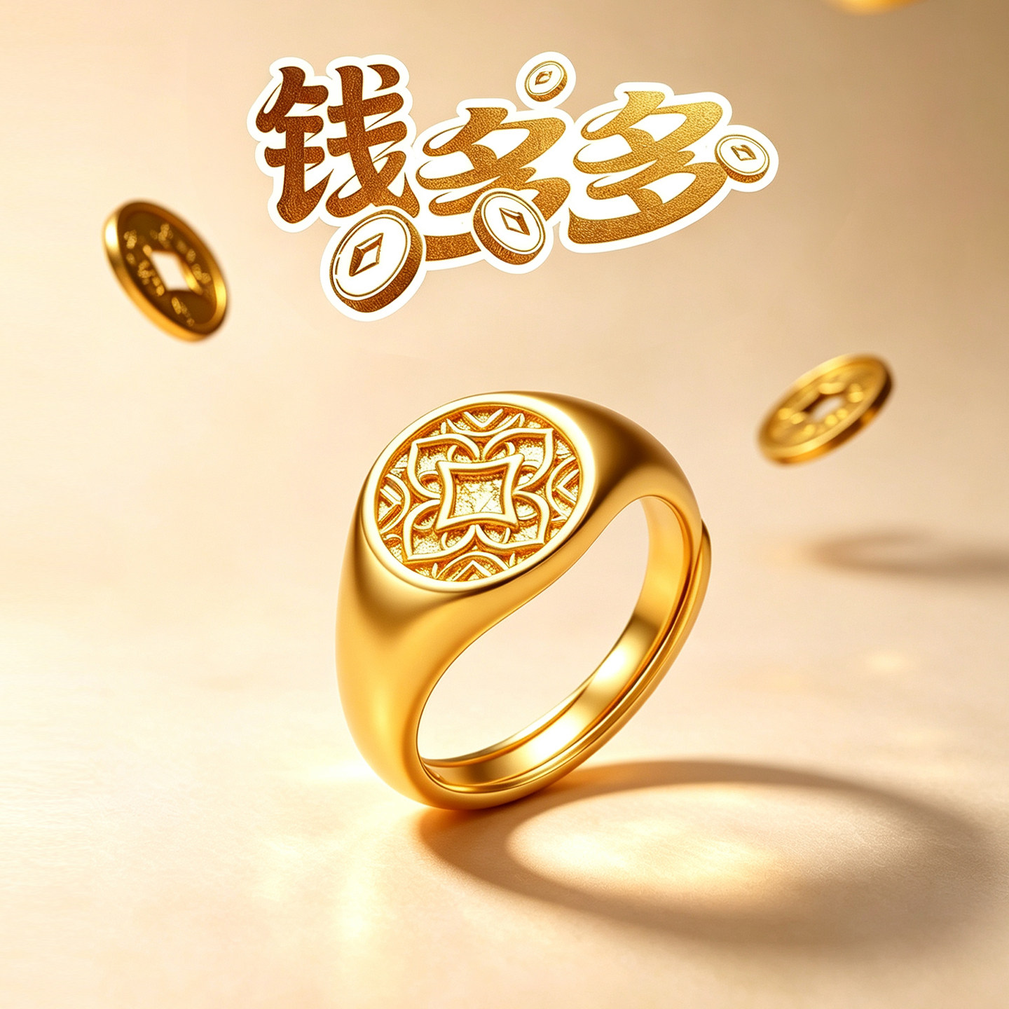 The old temple has plenty of gold, plenty of money, a lot of copper coins, a ring with ancient begonia flowers, a dignified atmosphere and a house full of good fortune. Three gold coins