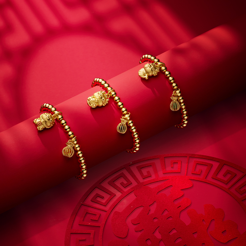 老庙黄金5D硬足金X麦玲玲心想事成貔貅锦鲤龙龟手串链新年礼物女 - 图1