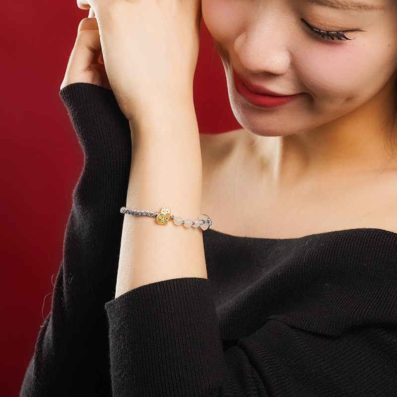 老庙黄金足金招财猫手绳和田玉平安扣寓意招财平安5D精致时尚,淘宝优惠券,粉丝福利购,淘宝优惠卷