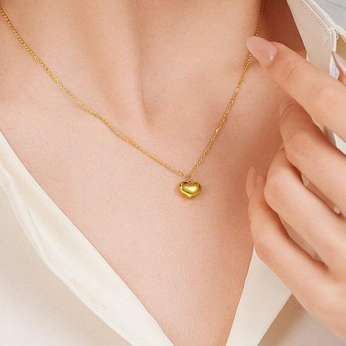 老庙黄金足金爱心项链5G饱满爱心立体精致甜美爱心浪漫爱情仪式礼 - 图0