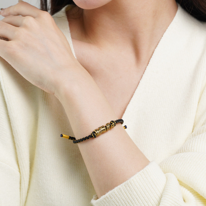 老庙黄金足金梵文卷轴手绳5D工艺六字箴言平安吉祥顺心如意黑金,淘宝优惠券,粉丝福利购,淘宝优惠卷