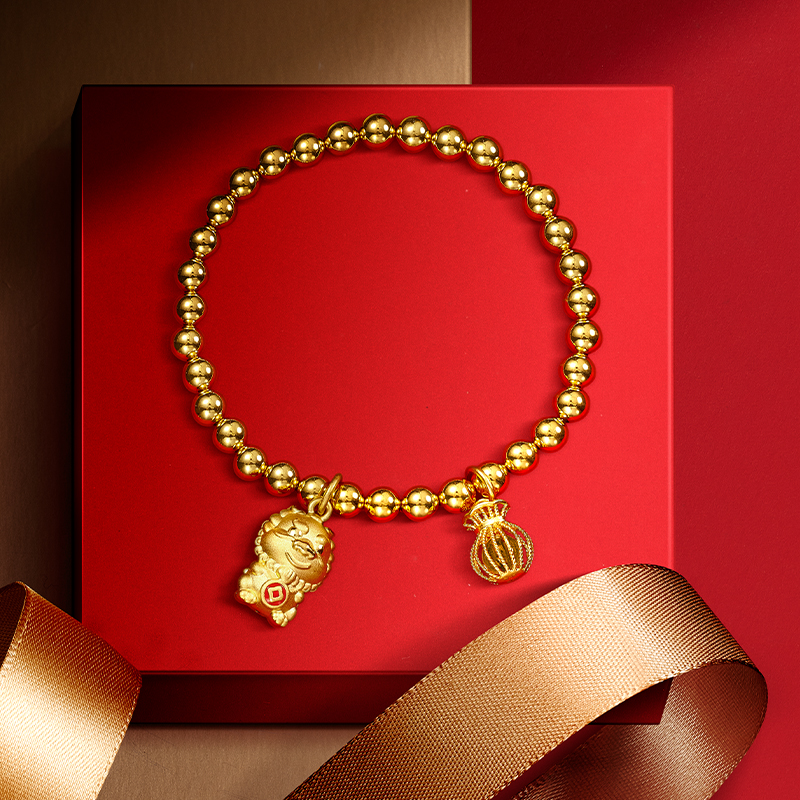 老庙黄金5D硬足金X麦玲玲心想事成貔貅锦鲤龙龟手串链新年礼物女 - 图2