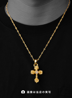 中古925银项链镀22K金镶钻火焰十字架925银欧美朋克