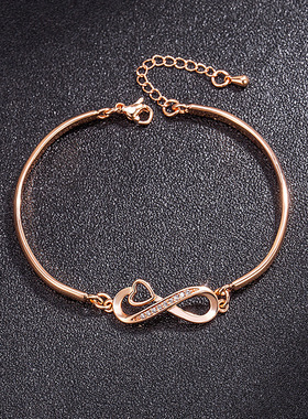 2025新款日韩镶钻玫瑰金银色桃心交叉8字爱心刻字手链女潮流手环