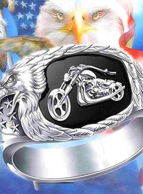 2025新款华杰跨境自由骑环摩托车戒指黑色雕刻鹰嘴戒指星条旗图案