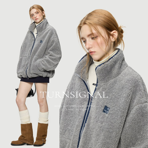 TurnSignal潮牌仿羊羔毛外套女秋冬2025新款宽松保暖立领绒外套 - 图1